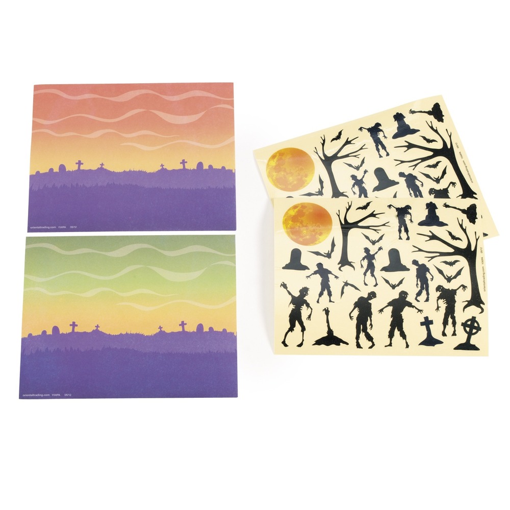 36‎ pc Oriental Trading Zombie Graveyard Sticker Scenes Halloween Craft Sets